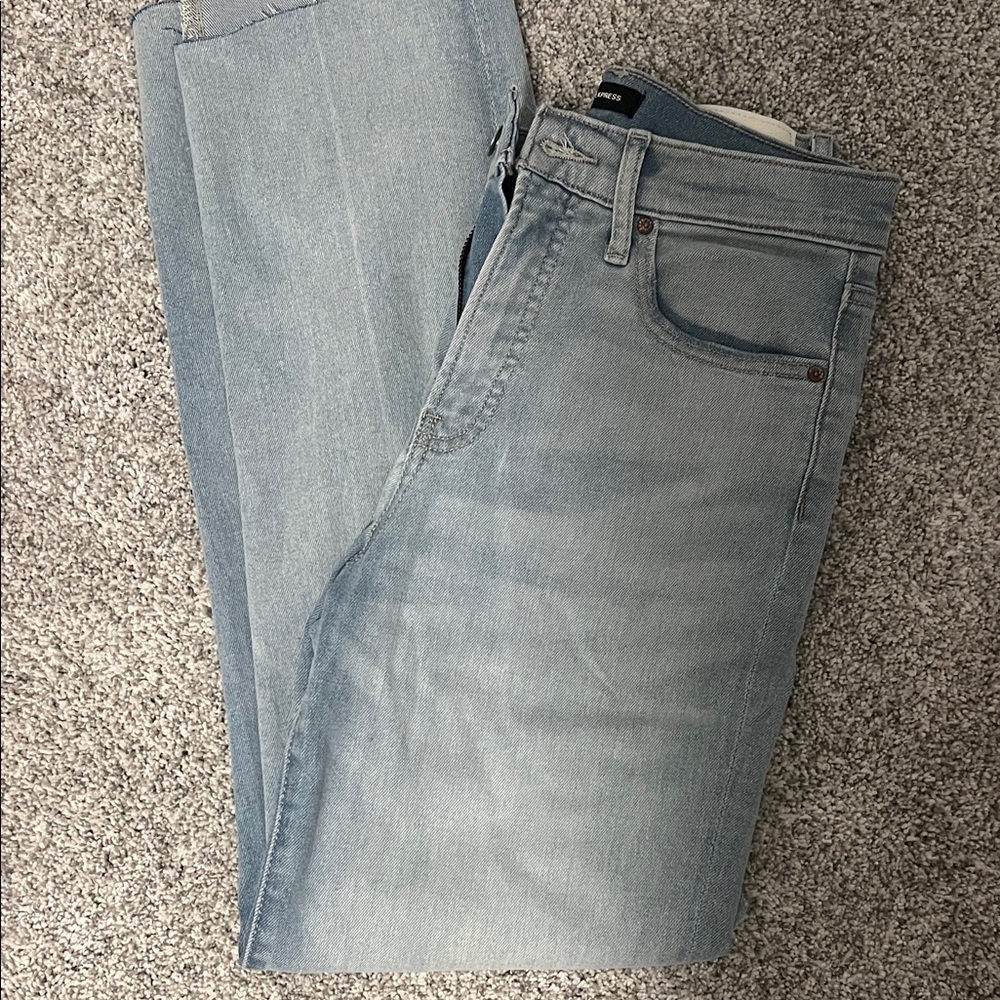 Express Women's High Waisted Straight Raw Hem Light Blue Jeans